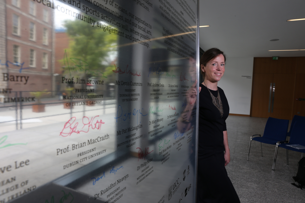 Kate Morris, National Co-ordinator of Campus Engage pictured with the signed Camus Engage Charter for Civic and Community Engagement.