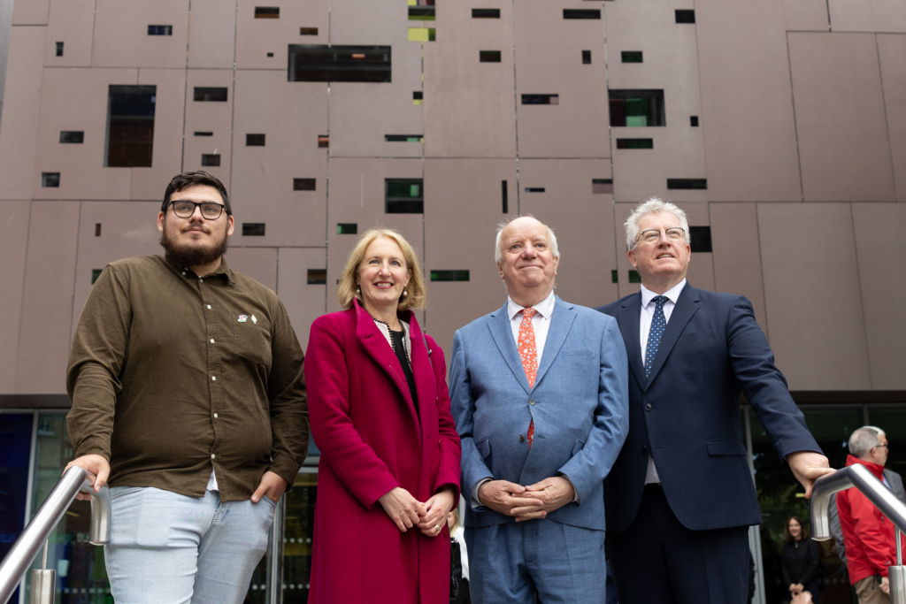 From left to right: Nathan Murphy, USI. Prof. Veronica Campbell, President, SETU. Senator Joe O’Reilly, Fine Gael. Prof. Daire Keogh, President, DCU.